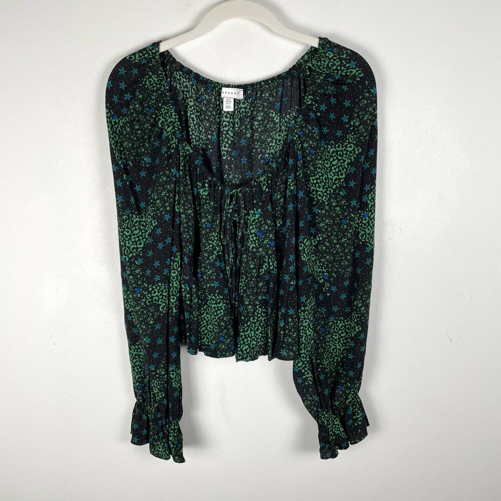 Topshop Long Sleeve Star Print Crop Top Tie Front Top Black Green Boho Size 4